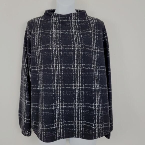 W5 Knit Top Black White Plaid Long Sleeve Wide Mock Neck Exposed Back Zip MED - Picture 4 of 4